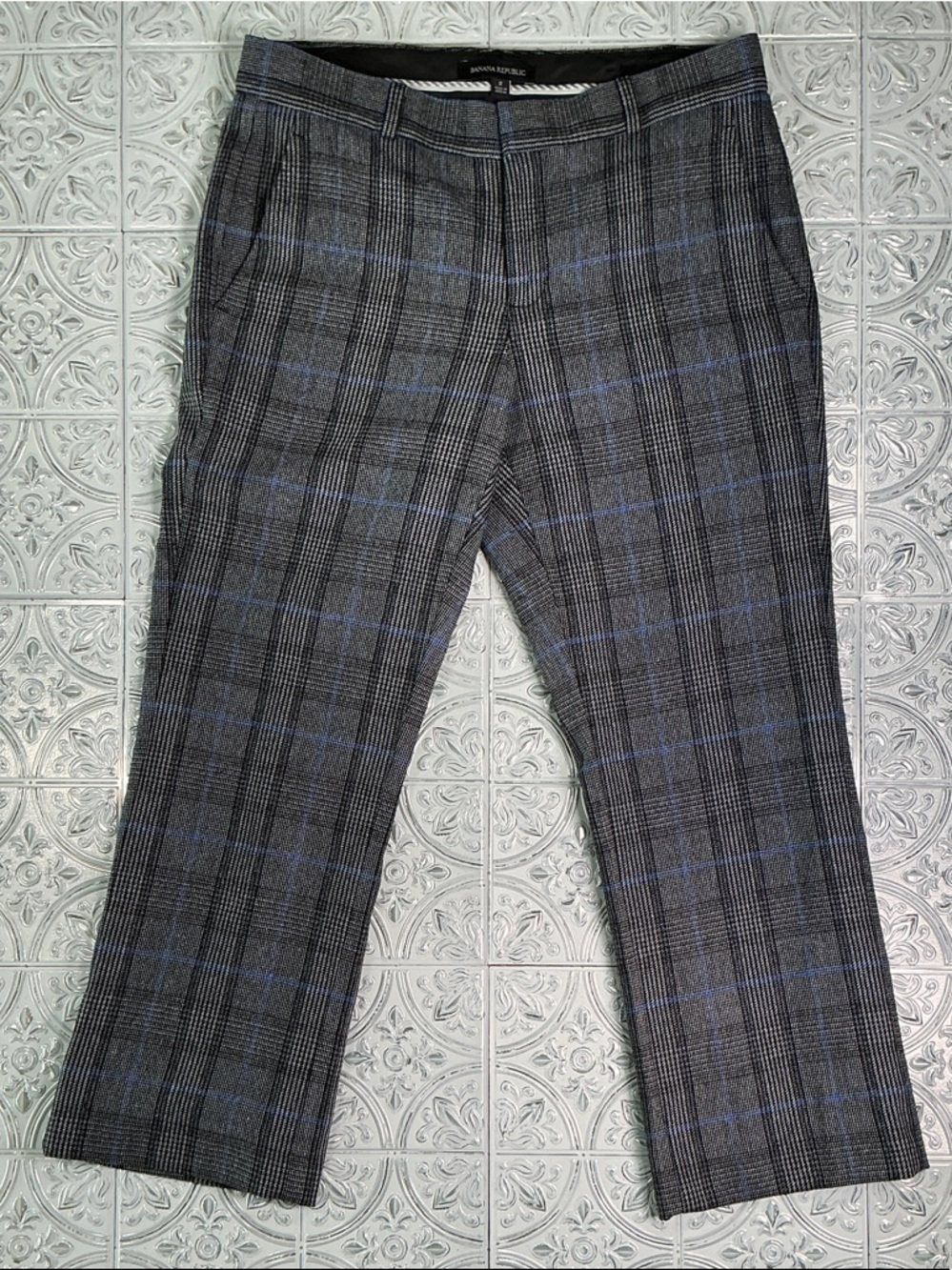 Banana Republic Logan Straight Leg Gray Blue Plaid Windowpane Trousers Size 2